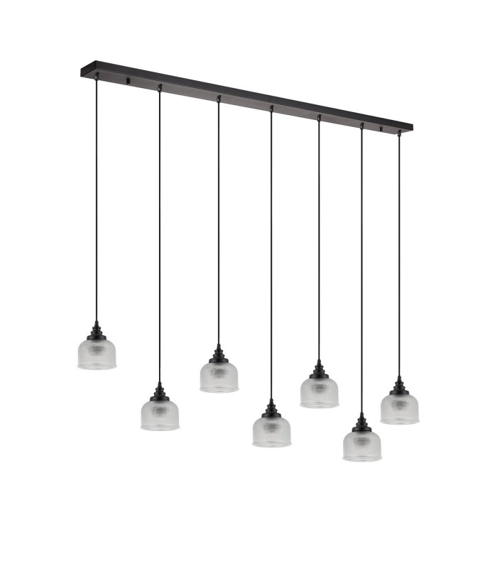 DeRuyter 7 Light Linear Pendant E27 Satin Black/Prismatic Dome Glass Clear-4
