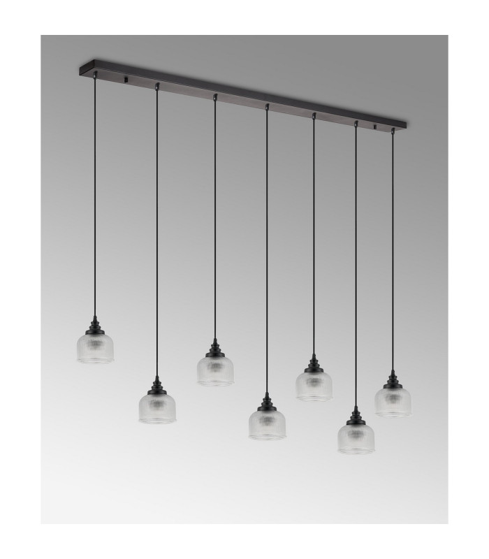 DeRuyter 7 Light Linear Pendant E27 Satin Black/Prismatic Dome Glass Clear-9