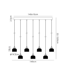 DeRuyter 7 Light Linear Pendant E27 Satin Black/Prismatic Dome Glass Frosted-2