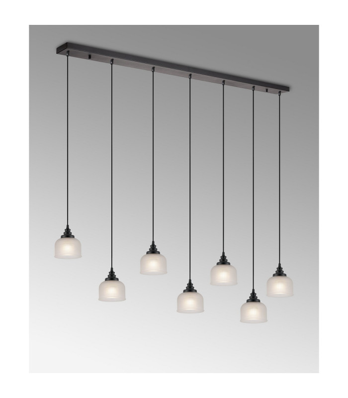 DeRuyter 7 Light Linear Pendant E27 Satin Black/Prismatic Dome Glass Frosted-3