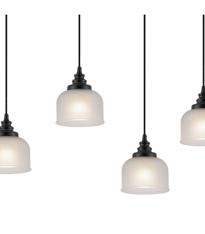 DeRuyter 7 Light Linear Pendant E27 Satin Black/Prismatic Dome Glass Frosted-7