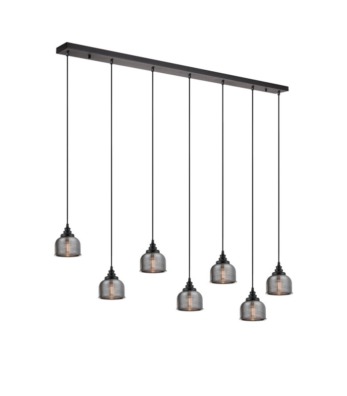 DeRuyter 7 Light Linear Pendant E27 Satin Black/Prismatic Dome Glass Smoke-1