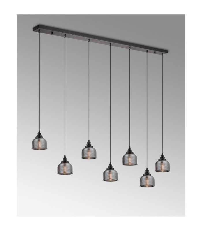 DeRuyter 7 Light Linear Pendant E27 Satin Black/Prismatic Dome Glass Smoke-3