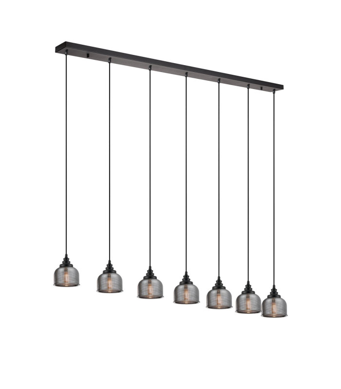 DeRuyter 7 Light Linear Pendant E27 Satin Black/Prismatic Dome Glass Smoke-5