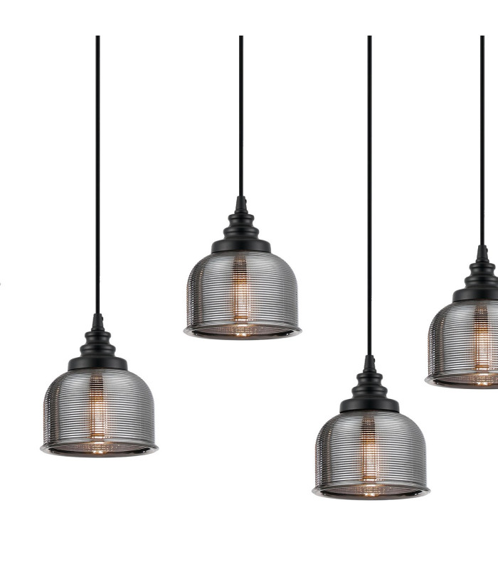 DeRuyter 7 Light Linear Pendant E27 Satin Black/Prismatic Dome Glass Smoke-7