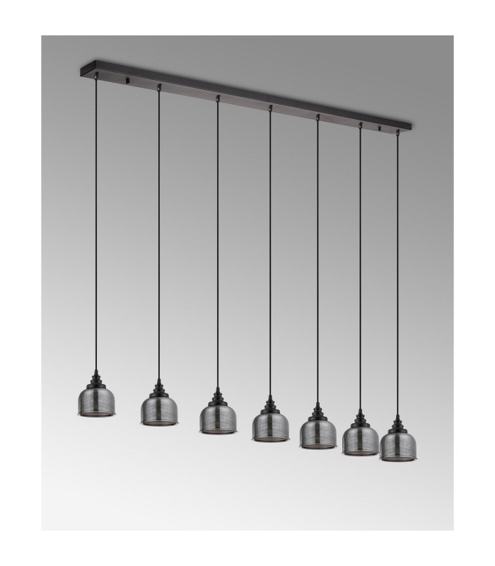 DeRuyter 7 Light Linear Pendant E27 Satin Black/Prismatic Dome Glass Smoke-11