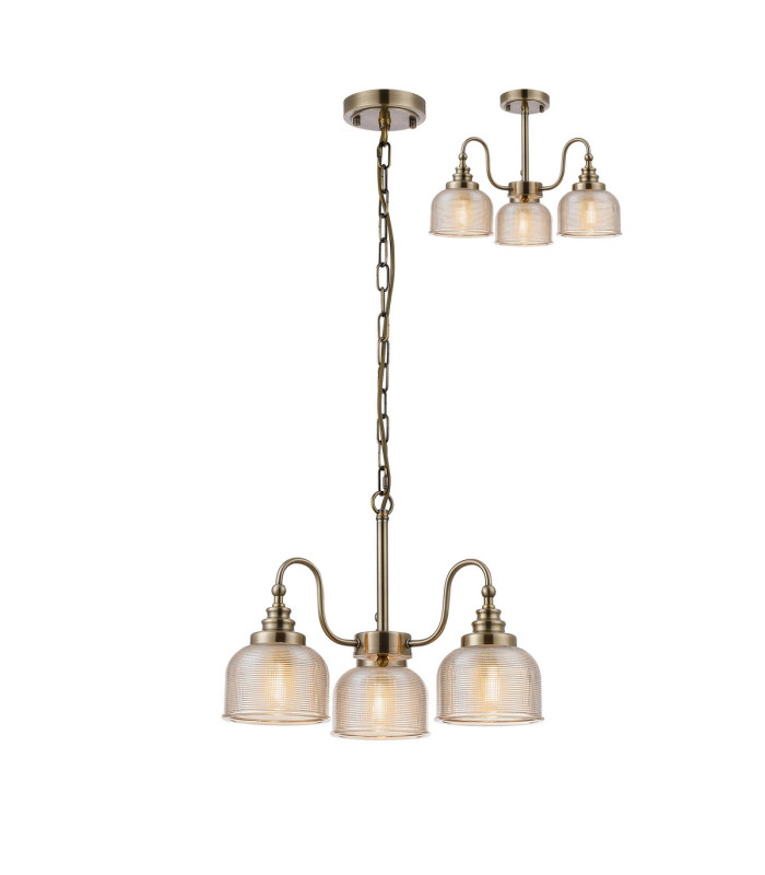 DeRuyter 47cm Semi Flush/Pendant 3 Light E27 Antique Brass/Amber Glass-1