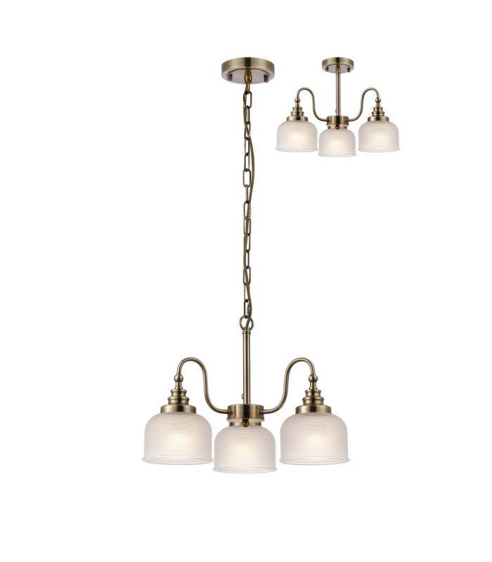 DeRuyter 47cm Semi Flush/Pendant 3 Light E27 Antique Brass/Frosted Glass-1