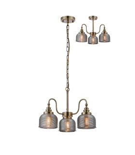 DeRuyter 47cm Semi Flush/Pendant 3 Light E27 Antique Brass/Smoke Glass-1