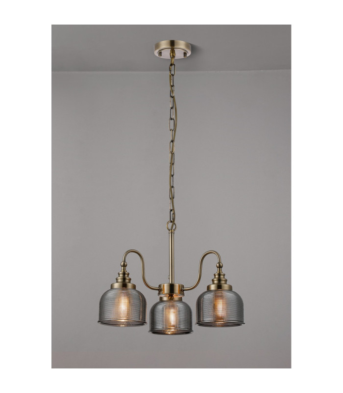 DeRuyter 47cm Semi Flush/Pendant 3 Light E27 Antique Brass/Smoke Glass-3