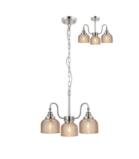 DeRuyter 47cm Semi Flush/Pendant 3 Light E27 Polished Nickel/Amber Glass-1
