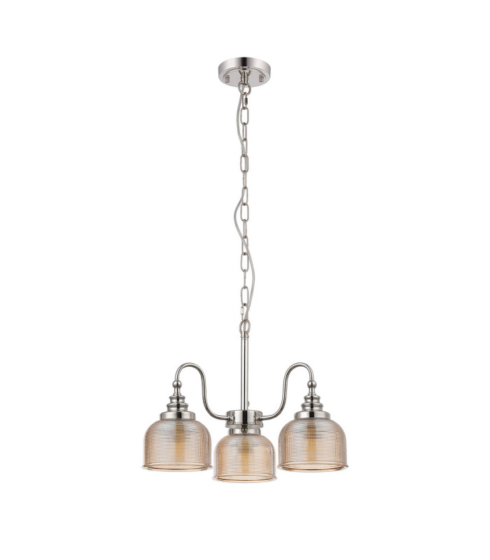 DeRuyter 47cm Semi Flush/Pendant 3 Light E27 Polished Nickel/Amber Glass-4