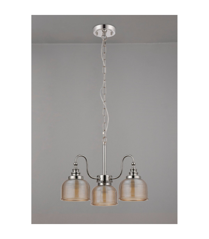 DeRuyter 47cm Semi Flush/Pendant 3 Light E27 Polished Nickel/Amber Glass-8