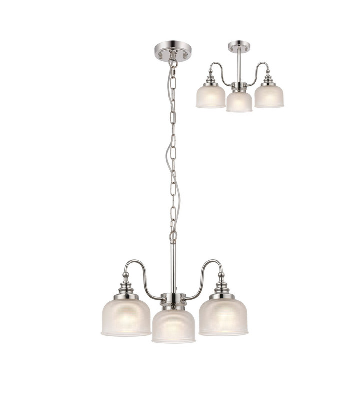 DeRuyter 47cm Semi Flush/Pendant 3 Light E27 Polished Nickel/Frosted Glass-1