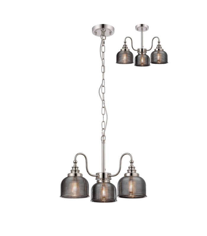 DeRuyter 47cm Semi Flush/Pendant 3 Light E27 Polished Nickel/Smoke Glass-1