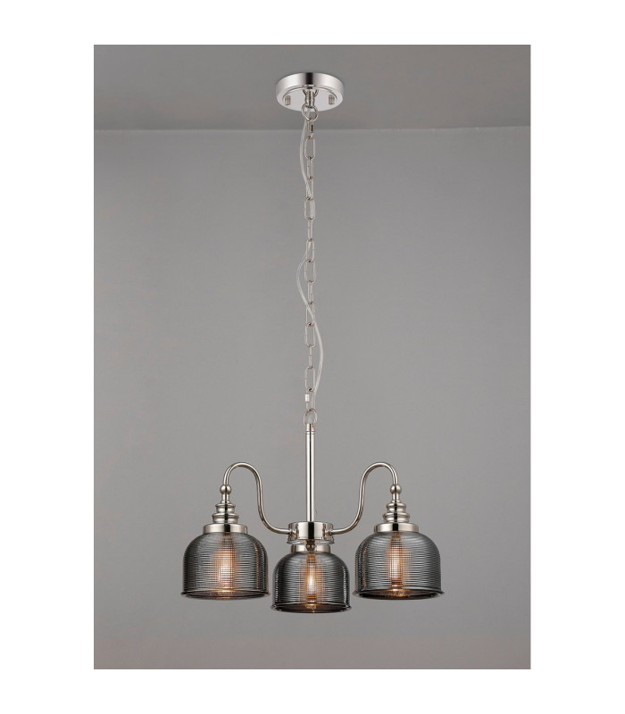 DeRuyter 47cm Semi Flush/Pendant 3 Light E27 Polished Nickel/Smoke Glass-3
