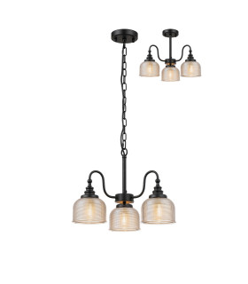 DeRuyter 47cm Semi Flush/Pendant 3 Light E27 Satin Black/Amber Glass-1