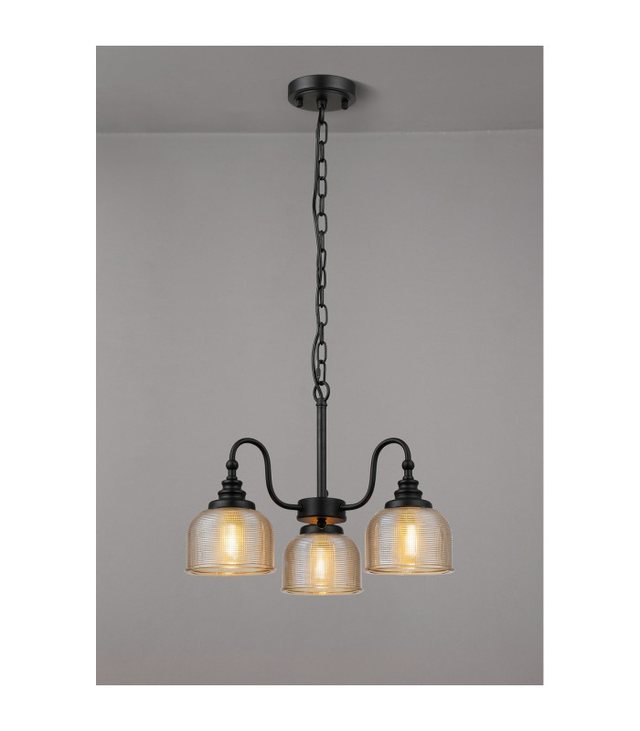 DeRuyter 47cm Semi Flush/Pendant 3 Light E27 Satin Black/Amber Glass-3