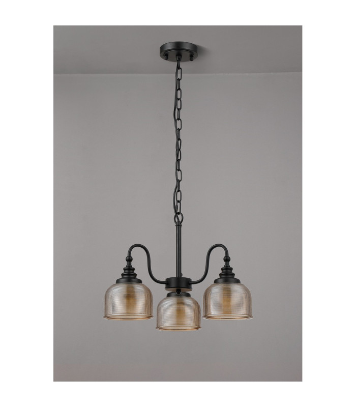 DeRuyter 47cm Semi Flush/Pendant 3 Light E27 Satin Black/Amber Glass-8