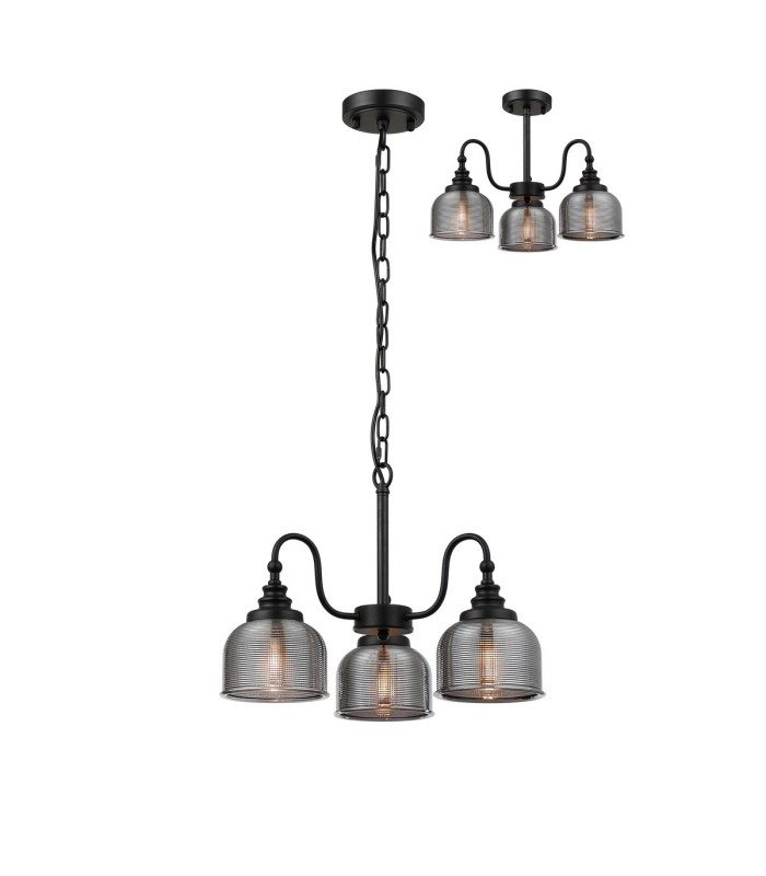 DeRuyter 47cm Semi Flush/Pendant 3 Light E27 Satin Black/Smoke Glass-1