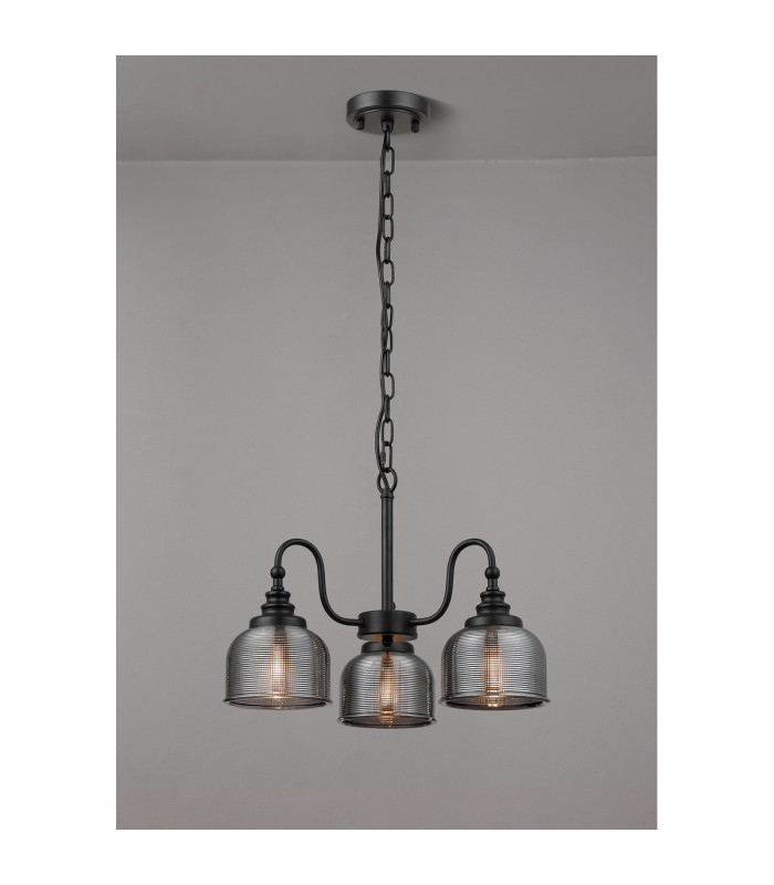 DeRuyter 47cm Semi Flush/Pendant 3 Light E27 Satin Black/Smoke Glass-3