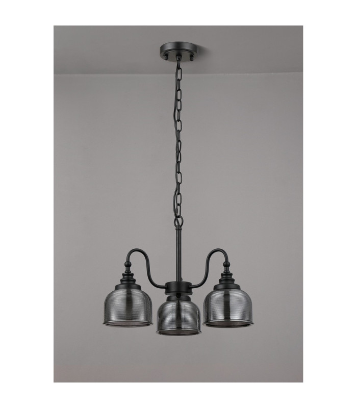 DeRuyter 47cm Semi Flush/Pendant 3 Light E27 Satin Black/Smoke Glass-8