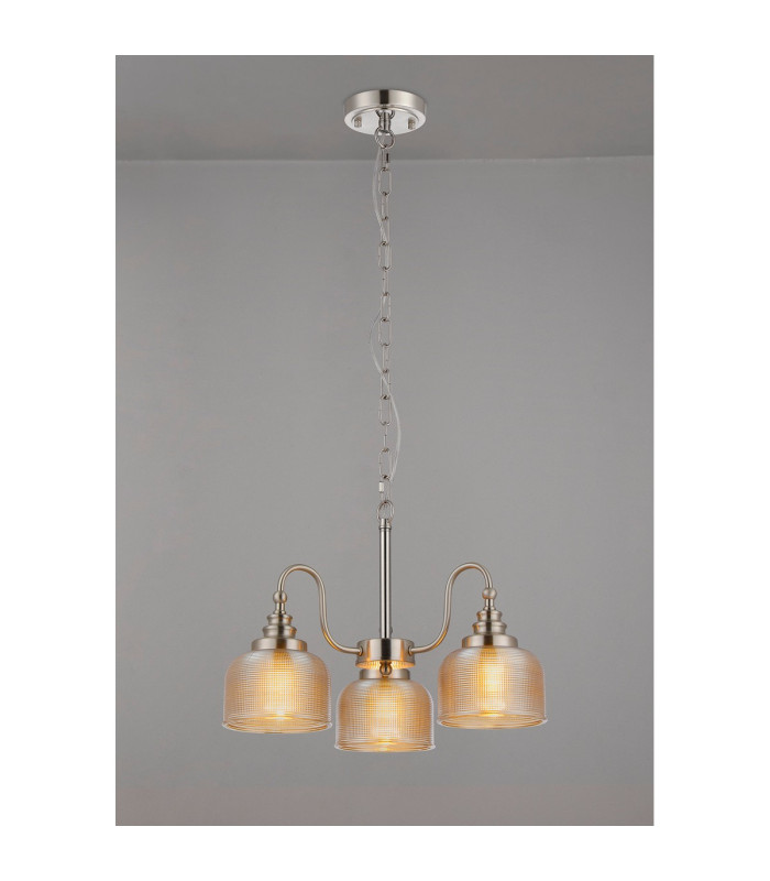 DeRuyter 47cm Semi Flush/Pendant 3 Light E27 Satin Nickel/Amber Glass-3