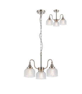 DeRuyter 47cm Semi Flush/Pendant 3 Light E27 Satin Nickel/Clear Glass-1
