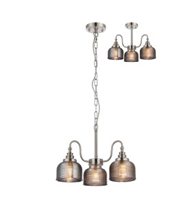 DeRuyter 47cm Semi Flush/Pendant 3 Light E27 Satin Nickel/Smoke Glass-1