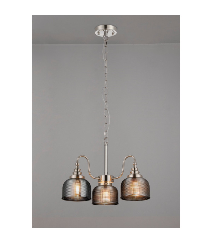 DeRuyter 47cm Semi Flush/Pendant 3 Light E27 Satin Nickel/Smoke Glass-3