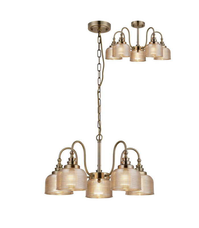DeRuyter 57cm Semi Flush/Pendant 5 Light E27 Antique Brass/Amber Glass-1