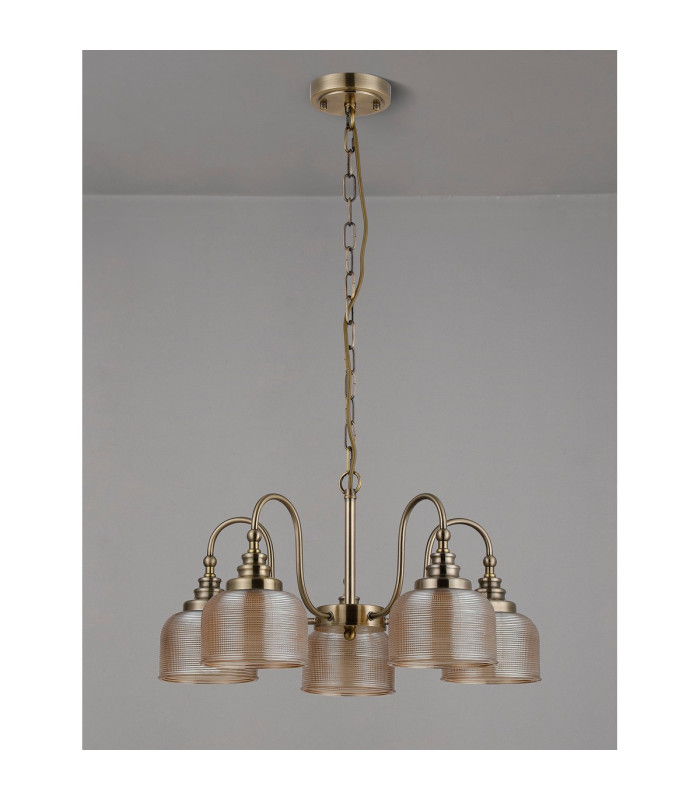 DeRuyter 57cm Semi Flush/Pendant 5 Light E27 Antique Brass/Amber Glass-8