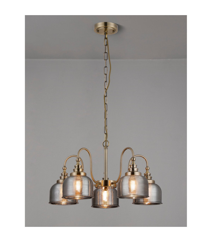 DeRuyter 57cm Semi Flush/Pendant 5 Light E27 Antique Brass/Smoke Glass-3