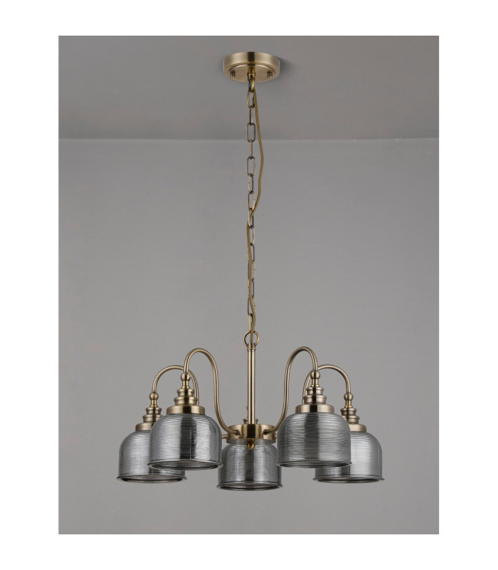 DeRuyter 57cm Semi Flush/Pendant 5 Light E27 Antique Brass/Smoke Glass-8