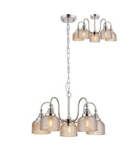 DeRuyter 57cm Semi Flush/Pendant 5 Light E27 Polished Nickel/Amber Glass-1