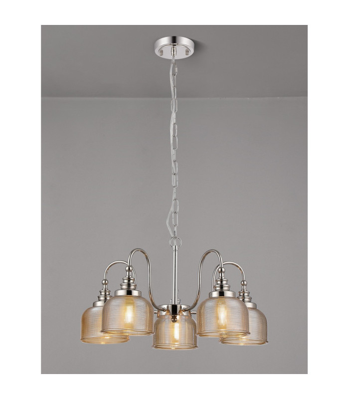 DeRuyter 57cm Semi Flush/Pendant 5 Light E27 Polished Nickel/Amber Glass-3