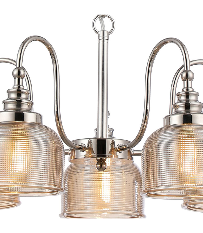 DeRuyter 57cm Semi Flush/Pendant 5 Light E27 Polished Nickel/Amber Glass-6