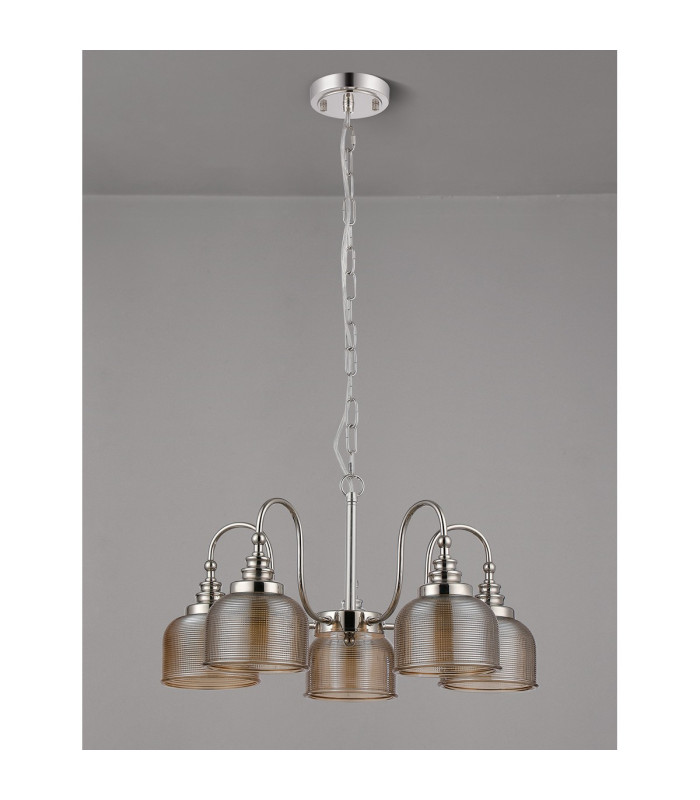 DeRuyter 57cm Semi Flush/Pendant 5 Light E27 Polished Nickel/Amber Glass-8