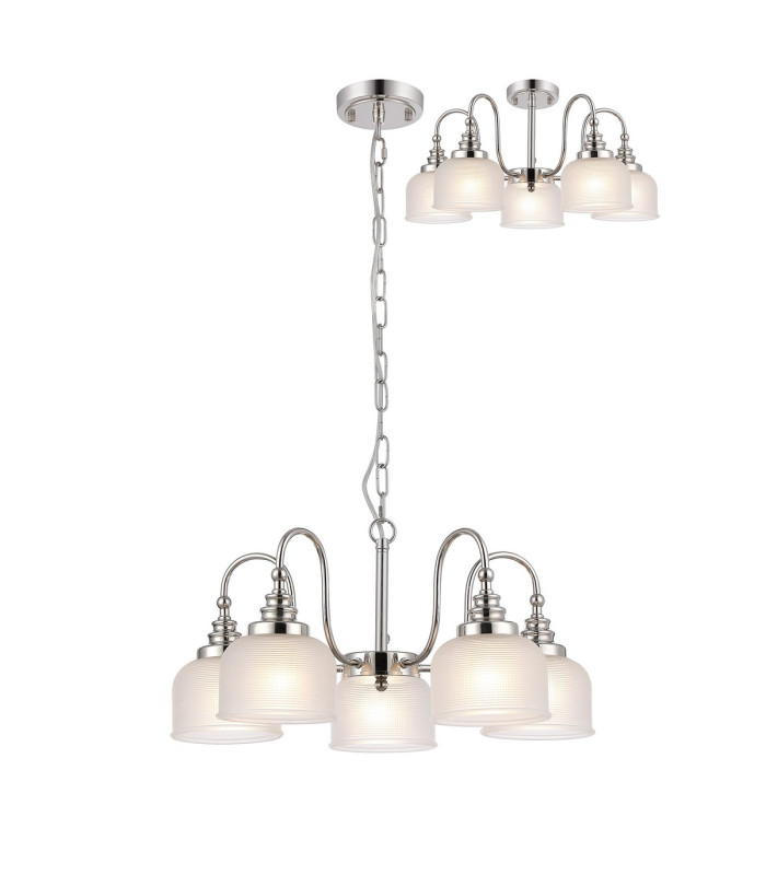 DeRuyter 57cm Semi Flush/Pendant 5 Light E27 Polished Nickel/Frosted Glass-1
