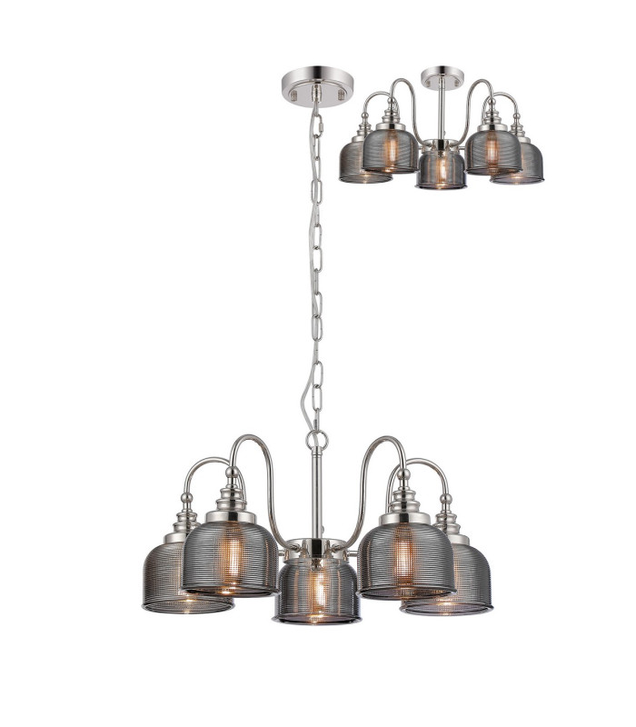 DeRuyter 57cm Semi Flush/Pendant 5 Light E27 Polished Nickel/Smoke Glass-1