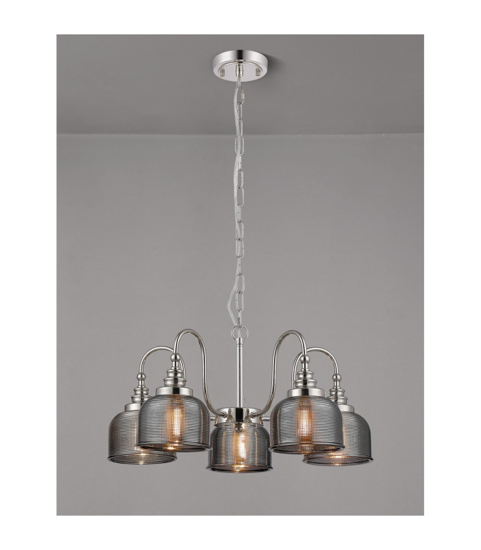 DeRuyter 57cm Semi Flush/Pendant 5 Light E27 Polished Nickel/Smoke Glass-3