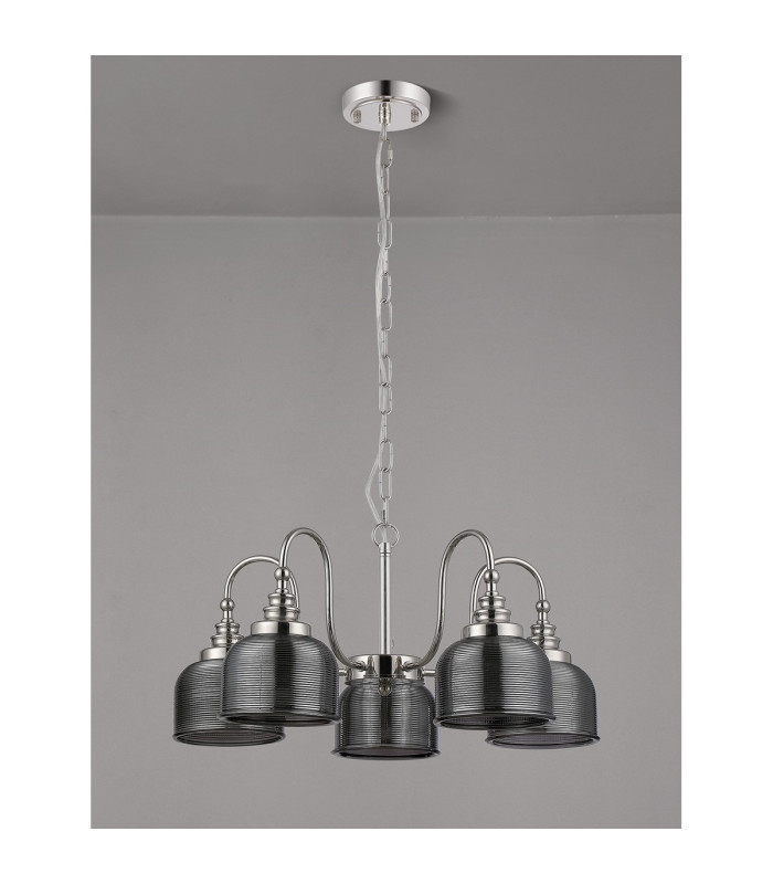 DeRuyter 57cm Semi Flush/Pendant 5 Light E27 Polished Nickel/Smoke Glass-8