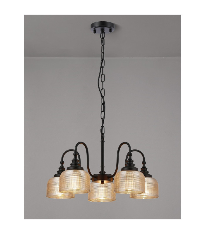 DeRuyter 57cm Semi Flush/Pendant 5 Light E27 Satin Black/Amber Glass-3