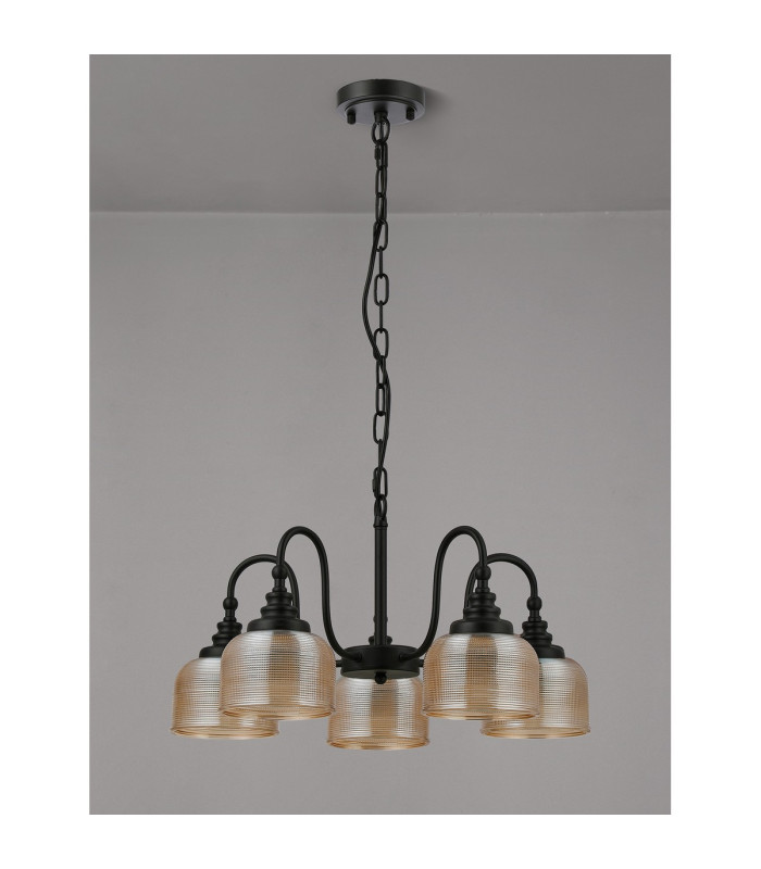 DeRuyter 57cm Semi Flush/Pendant 5 Light E27 Satin Black/Amber Glass-8