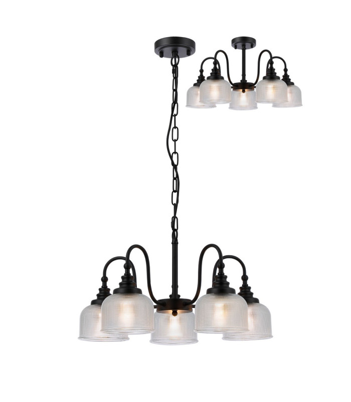 DeRuyter 57cm Semi Flush/Pendant 5 Light E27 Satin Black/Clear Glass-1