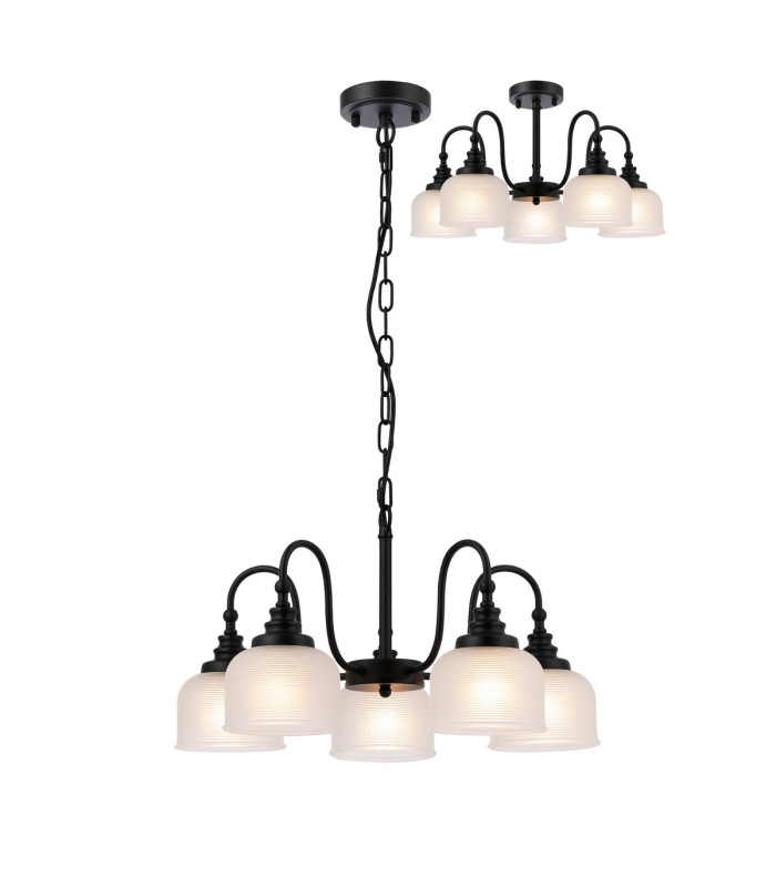 DeRuyter 57cm Semi Flush/Pendant 5 Light E27 Satin Black/Frosted Glass-1
