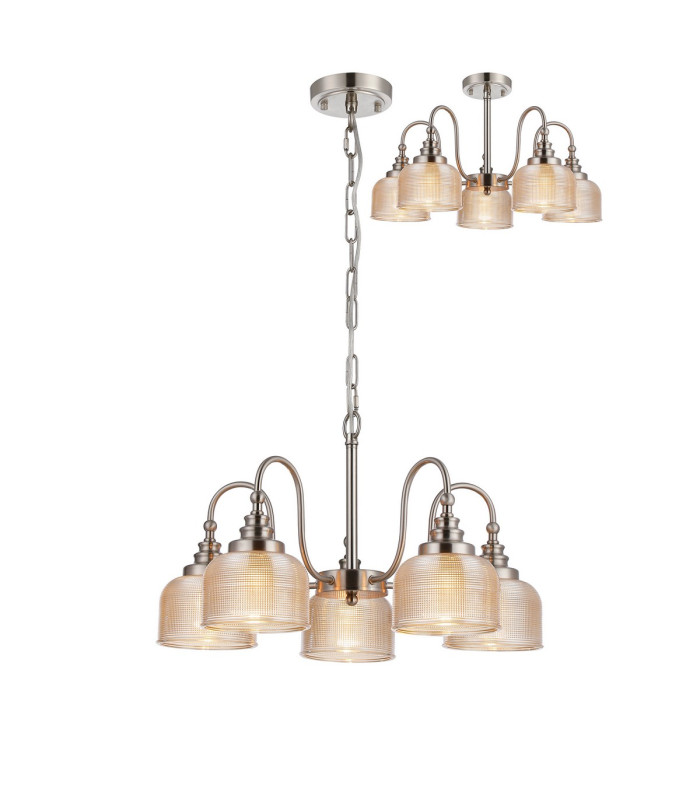 DeRuyter 57cm Semi Flush/Pendant 5 Light E27 Satin Nickel/Amber Glass-1