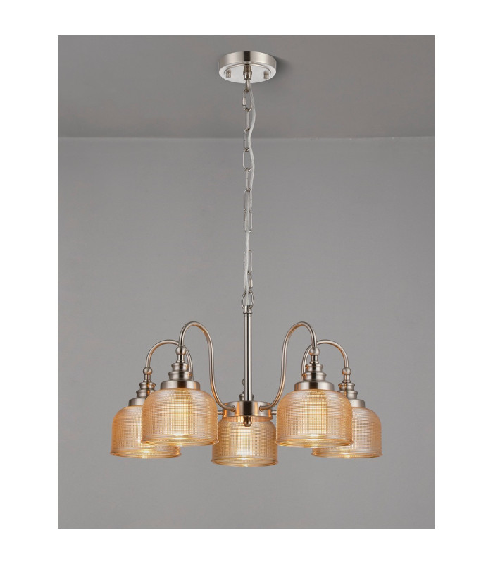 DeRuyter 57cm Semi Flush/Pendant 5 Light E27 Satin Nickel/Amber Glass-3