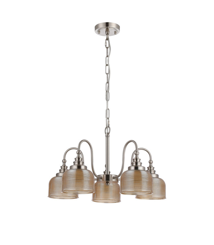 DeRuyter 57cm Semi Flush/Pendant 5 Light E27 Satin Nickel/Amber Glass-4