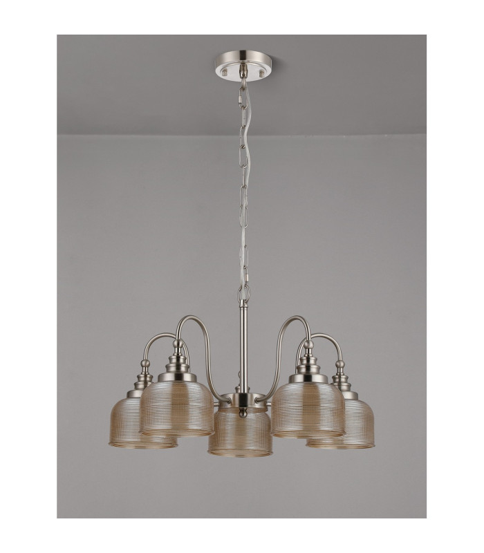 DeRuyter 57cm Semi Flush/Pendant 5 Light E27 Satin Nickel/Amber Glass-8